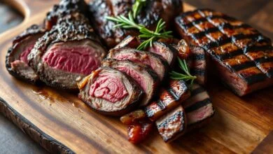 Carne De Boi Para Churrasco Barata: 5 Cortes Macios E Econômicos 7 Vista apetitosa de diferentes cortes de carne bovina grelhados e assados, com textura perfeita e ponto ideal, prontos para servir.
