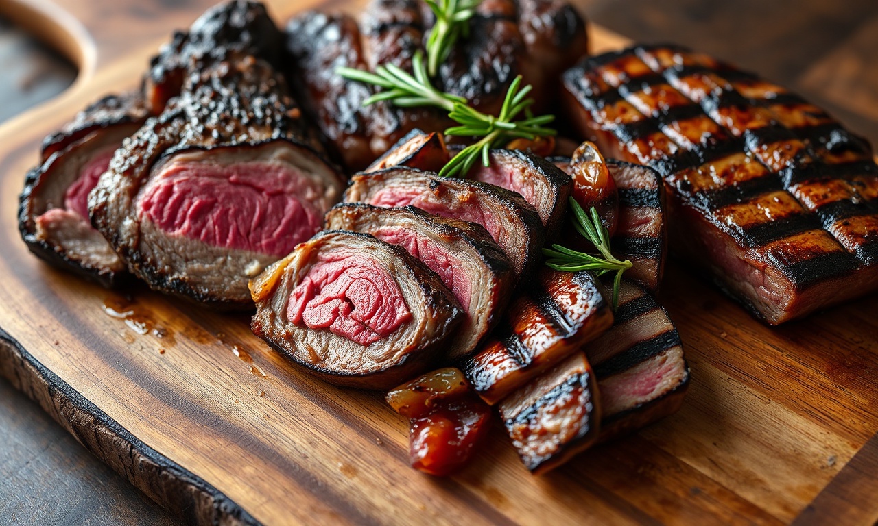 Carne De Boi Para Churrasco Barata: 5 Cortes Macios E Econômicos 3 Vista apetitosa de diferentes cortes de carne bovina grelhados e assados, com textura perfeita e ponto ideal, prontos para servir.