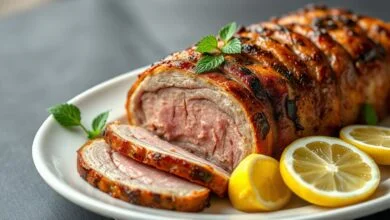 Carne fatiada finamente com casca dourada e suculenta, pronta para servir.