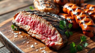Tábua rústica servida com carnes fatiadas, linguiças e pão de alho