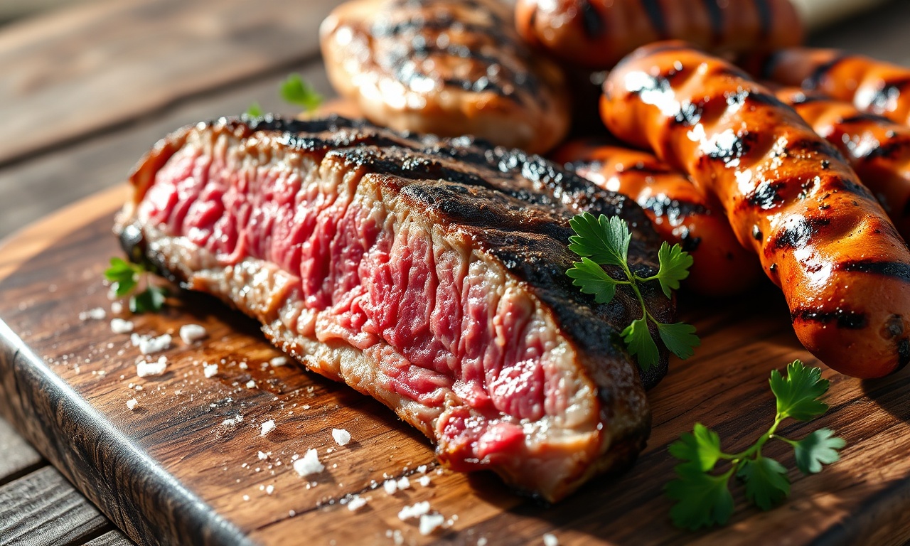 Tábua rústica servida com carnes fatiadas, linguiças e pão de alho