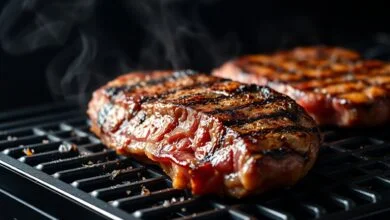 Bifes de picanha suculentos com marca de grelha e gordura dourada