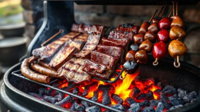 Vista de uma grande grelha com cortes variados de carne assando, incluindo picanha dourada, costela macia e linguiça, com brasa incandescente.