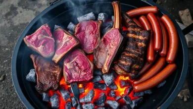 Vista aérea de uma grelha abarrotada com os melhores cortes de carne assando sobre brasa viva.