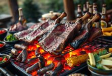 Vista de uma churrasqueira grande com picanha, costela e linguiça assando sobre brasa, rodeada por tigelas de saladas coloridas e cervejas geladas.