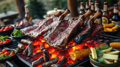 Vista de uma churrasqueira grande com picanha, costela e linguiça assando sobre brasa, rodeada por tigelas de saladas coloridas e cervejas geladas.