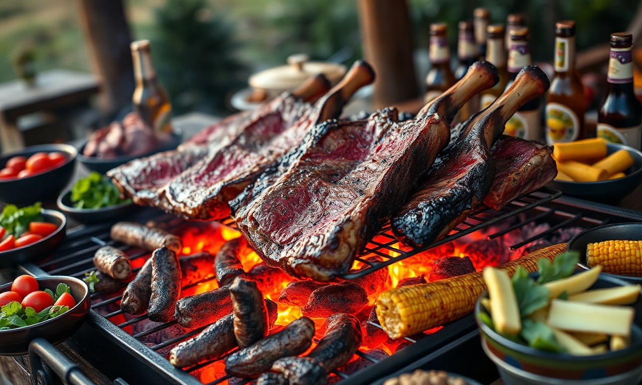 Vista de uma churrasqueira grande com picanha, costela e linguiça assando sobre brasa, rodeada por tigelas de saladas coloridas e cervejas geladas.