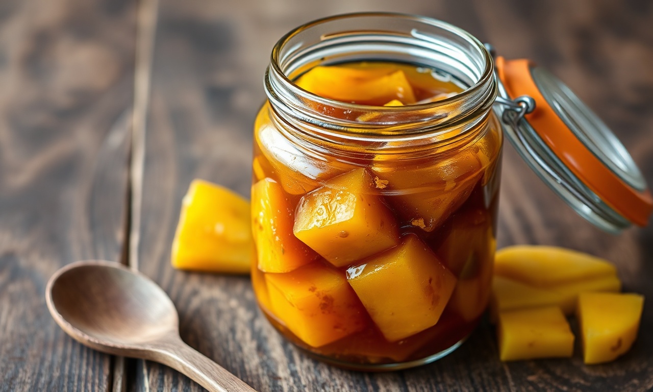 Chutney De Manga Agridoce Fácil: Sabor Profundo Em 40 Min 3 Um pote de vidro aberto com chutney de manga agridoce, revelando cubos macios de manga em uma calda espessa e brilhante de cor âmbar escuro, pronto para ser servido.