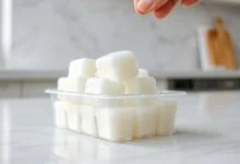 Cubos de clara de ovo congelados, translúcidos e sólidos, saindo de uma forma de silicone, prontos para armazenamento.