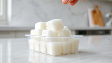 Cubos de clara de ovo congelados, translúcidos e sólidos, saindo de uma forma de silicone, prontos para armazenamento.