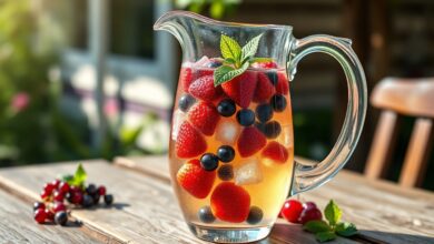 Uma jarra de vidro transparente com cléricot de frutas vermelhas vibrante, com morangos, framboesas e mirtilos flutuando em vinho branco gelado, decorado com folhas de hortelã e servido em um dia ensolarado.