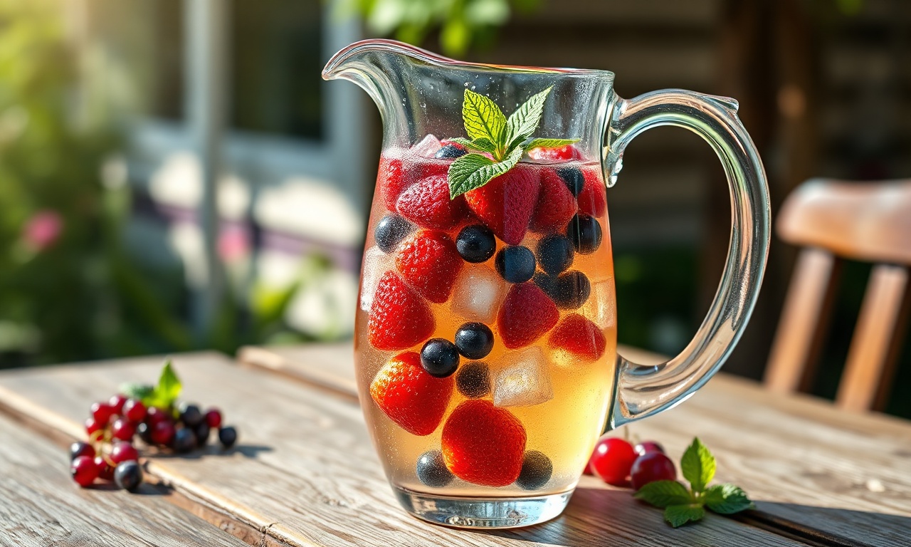 Uma jarra de vidro transparente com cléricot de frutas vermelhas vibrante, com morangos, framboesas e mirtilos flutuando em vinho branco gelado, decorado com folhas de hortelã e servido em um dia ensolarado.
