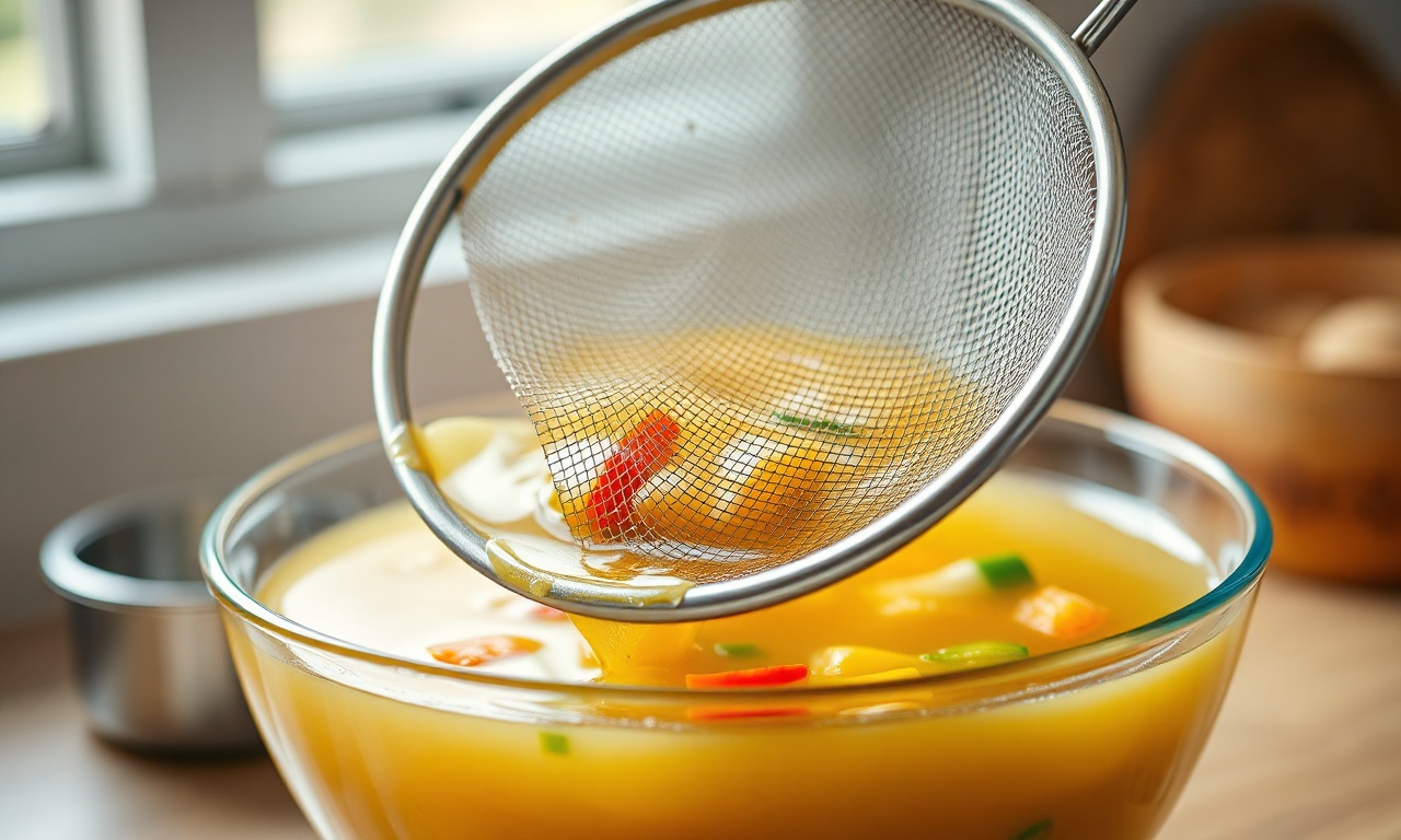 O momento de coar o caldo, mostrando a cor dourada límpida do líquido passando pela peneira.