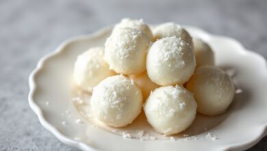 Quenelles de cocada branca mole de coco, úmidas e brilhantes, dispostas em um prato de porcelana branca.