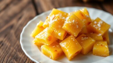 Losangos dourados e brilhantes de cocada de abacaxi, com pedaços de fruta caramelizada visíveis, servidos em um prato branco.