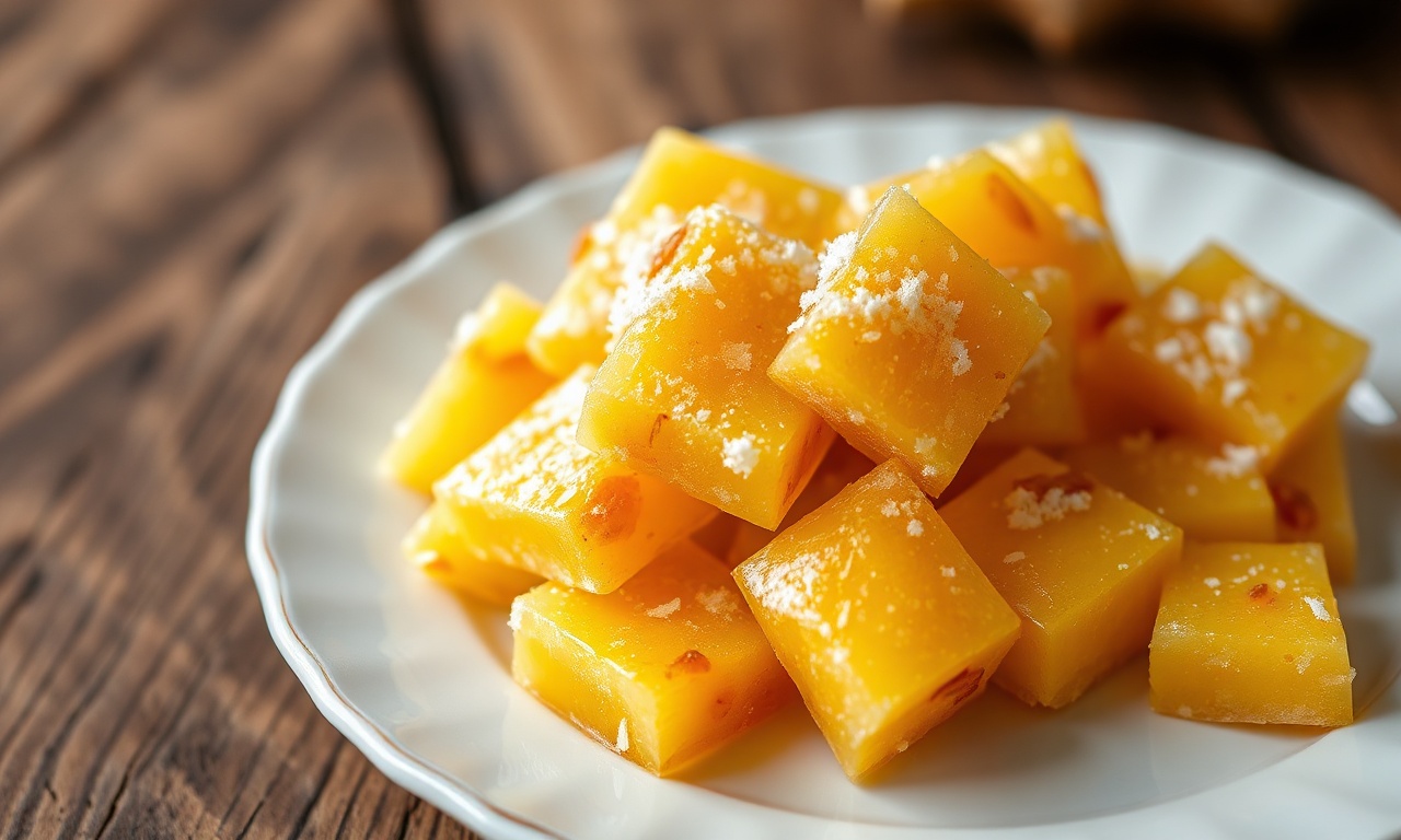 Losangos dourados e brilhantes de cocada de abacaxi, com pedaços de fruta caramelizada visíveis, servidos em um prato branco.