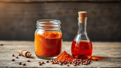 Potes de vidro exibindo o pó de colorau laranja vibrante e o óleo vermelho intenso