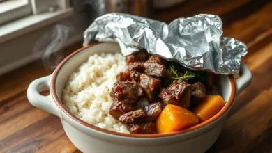 Prato de comida reaquecida no forno elétrico com arroz soltinho, carne suculenta e legumes, coberto parcialmente com papel-alumínio, vapor subindo