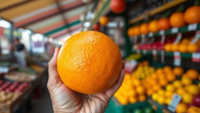 Uma mão segurando uma laranja laranja brilhante e pesada, com casca lisa e textura levemente macia, demonstrando o teste de peso e maciez.