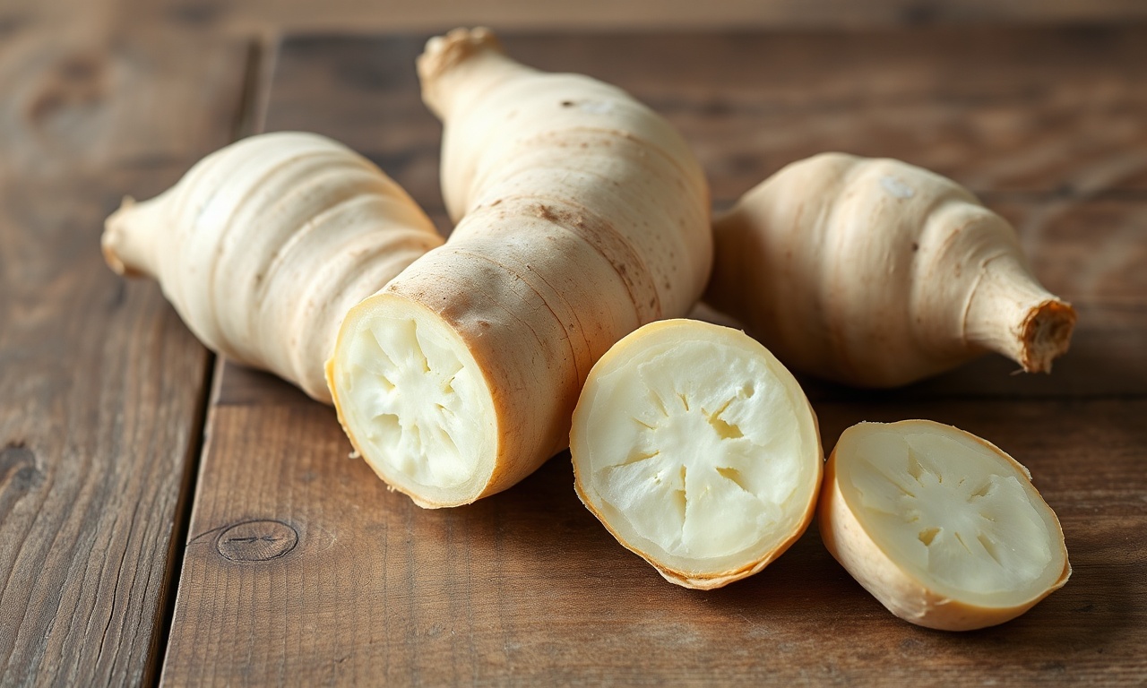 Como Escolher Mandioca Macia No Mercado (Guia Rápido) 3 Raízes de mandioca fresca com casca clara e lisa, prontas para cozinhar.
