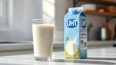 Um copo de vidro com leite fresco e uma caixa de leite UHT, representando a verificação de qualidade.