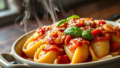 Prato de massa gigante recheado com camarão, coberto por molho de tomate e queijo gratinado, finalizado com folhas de manjericão fresco.