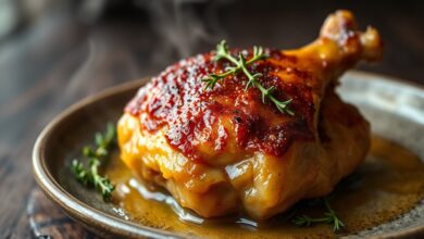 Confit de frango caipira com pele dourada e crocante, carne macia e suculenta, servido em um prato rústico com ramos de tomilho.