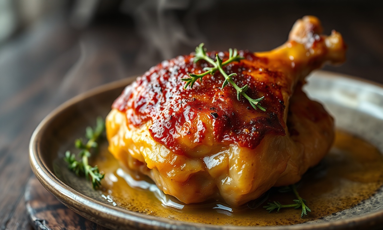 Confit de frango caipira com pele dourada e crocante, carne macia e suculenta, servido em um prato rústico com ramos de tomilho.