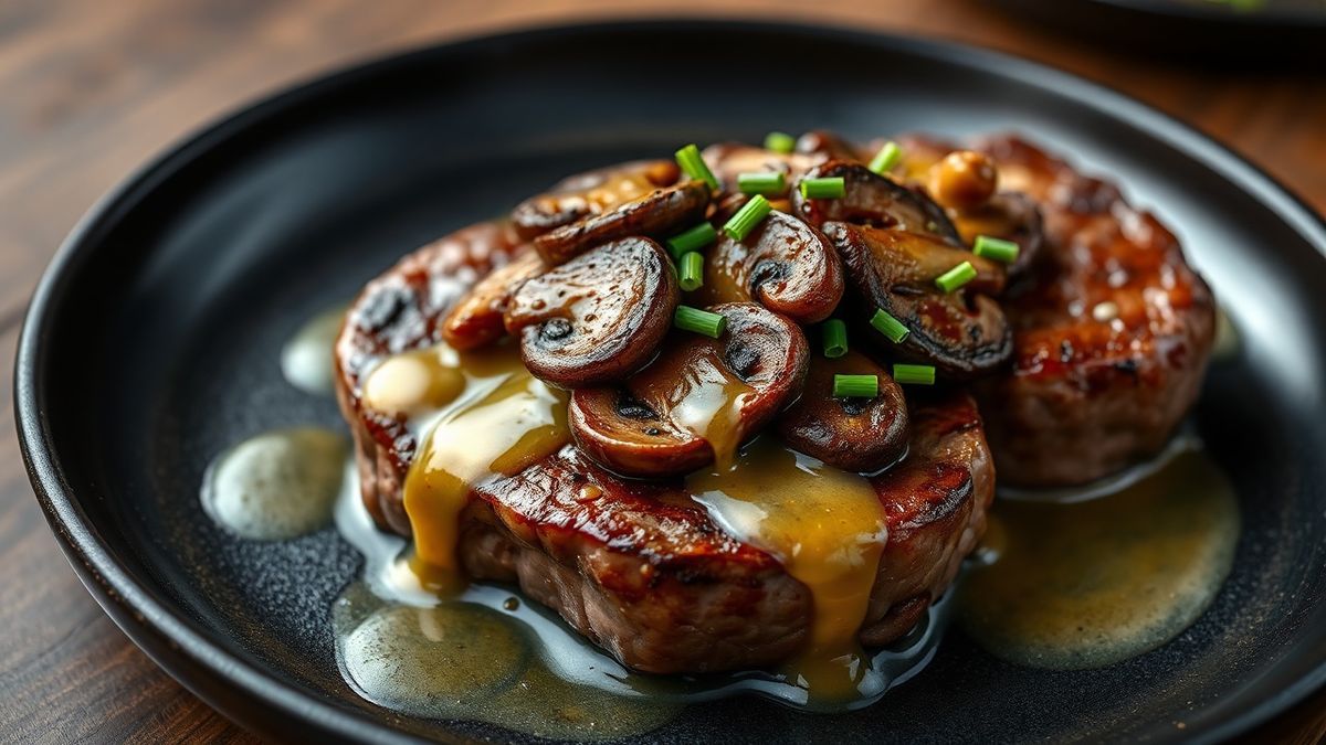 Bifes de contrafilé perfeitamente selados cobertos com mix de cogumelos e cebolinha