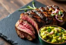 Fatias suculentas de contrafilé com crosta dourada e ponto rosado, acompanhadas de guacamole cremoso e fresco.