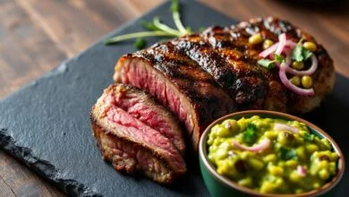 Fatias suculentas de contrafilé com crosta dourada e ponto rosado, acompanhadas de guacamole cremoso e fresco.