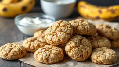 Cookies de banana com iogurte prontos, com textura macia e cor dourada, servidos sobre papel manteiga.