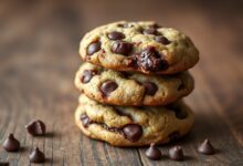 Cookie de Nutella com bordas douradas e crocantes, centro úmido e denso, repleto de gotas de chocolate meio amargo derretidas, servido sobre superfície rústica de madeira.