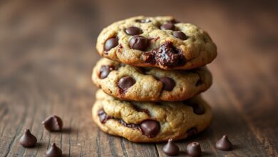 Cookie de Nutella com bordas douradas e crocantes, centro úmido e denso, repleto de gotas de chocolate meio amargo derretidas, servido sobre superfície rústica de madeira.