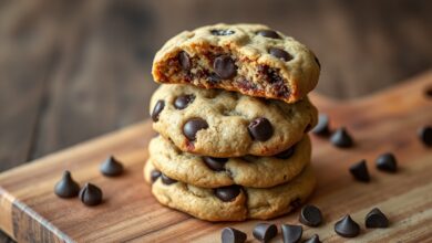 Cookies dourados com bordas crocantes e centro macio, repletos de pedaços de chocolate meio amargo derretido
