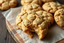 Cookies dourados e rústicos feitos com farinha de coco e pasta de amendoim, prontos para servir.