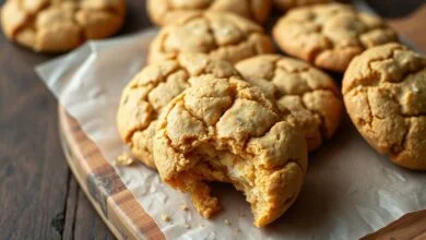 Cookies dourados e rústicos feitos com farinha de coco e pasta de amendoim, prontos para servir.