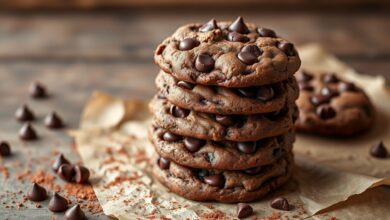 Cookies de chocolate com gotas derretidas, bordas douradas e textura rústica, prontos para servir.