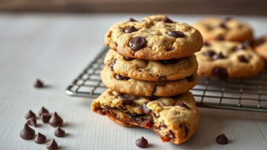 Cookies dourados com bordas crocantes e gotas de chocolate meio amargo derretidas, perfeitos para um lanche rápido.