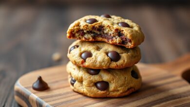 Uma pilha de cookies fit de amêndoa com bordas douradas, centro macio e gotas de chocolate derretidas, prontos para servir.