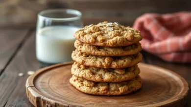 Visão apetitosa dos cookies dourados, macios por dentro e com bordas crocantes, prontos para servir.
