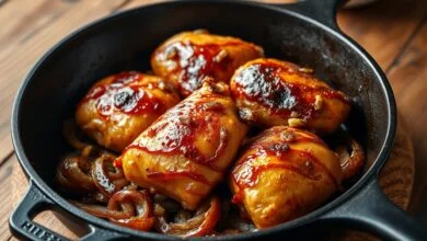 Corações de frango dourados e crocantes em uma frigideira de ferro, com rodelas de cebola caramelizadas e pedaços de alho tostado.