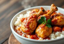 Prato principal de corações de frango macios, dourados e cobertos por um molho rústico de tomate, cebola e páprica, servidos em um prato de cerâmica branca ao lado de arroz branco fofinho.