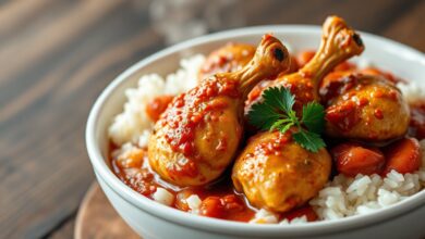 Prato principal de corações de frango macios, dourados e cobertos por um molho rústico de tomate, cebola e páprica, servidos em um prato de cerâmica branca ao lado de arroz branco fofinho.