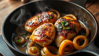 Corações de frango perfeitamente selados e suculentos cobertos com cebolas caramelizadas