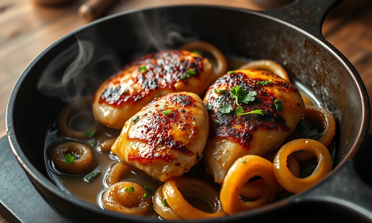 Corações de frango perfeitamente selados e suculentos cobertos com cebolas caramelizadas