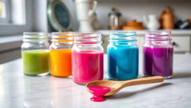 Potes de vidro transparentes com corantes naturais vibrantes, desde o rosa da beterraba até o azul do repolho roxo, prontos para decorar bolos e cupcakes.