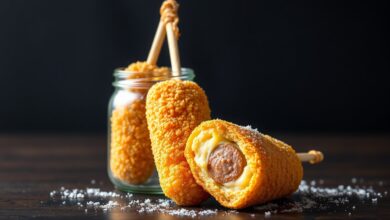 Três corn dogs coreanos dourados e perfeitos, servidos em pé em um pote de vidro, com um cortado ao meio revelando o queijo derretido.