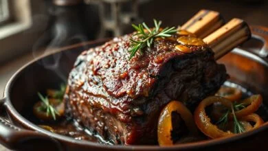 Peça de costela bovina dourada com gordura crocante, alecrim fresco por cima, servida em travessa de cerâmica com cebola caramelizada