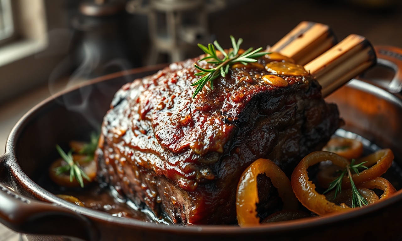 Peça de costela bovina dourada com gordura crocante, alecrim fresco por cima, servida em travessa de cerâmica com cebola caramelizada